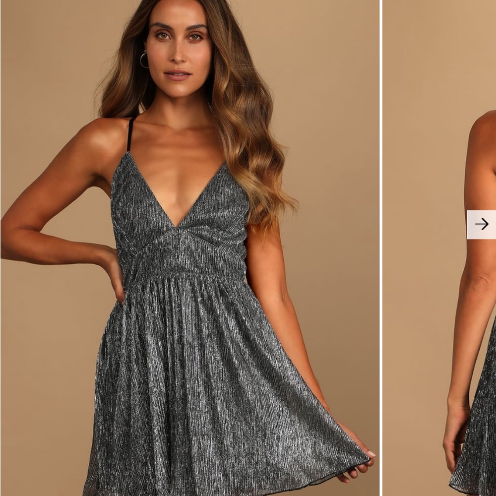 Lulu’s Silver Metallic V-Neck Skater Dress